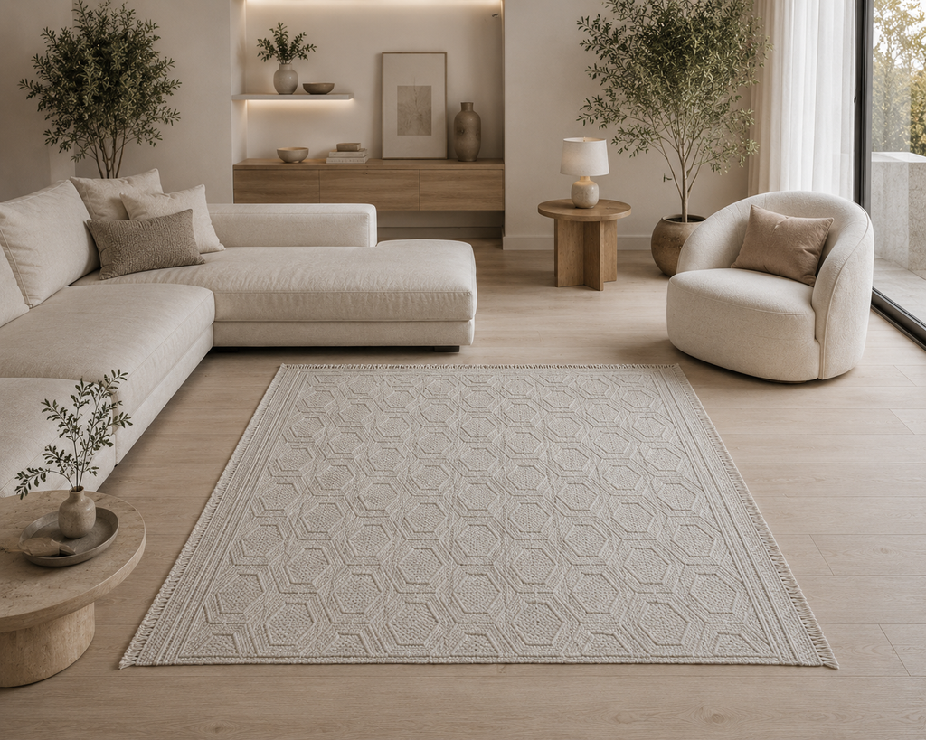 Modern living room with a patterned rug, beige sofa, and armchair.