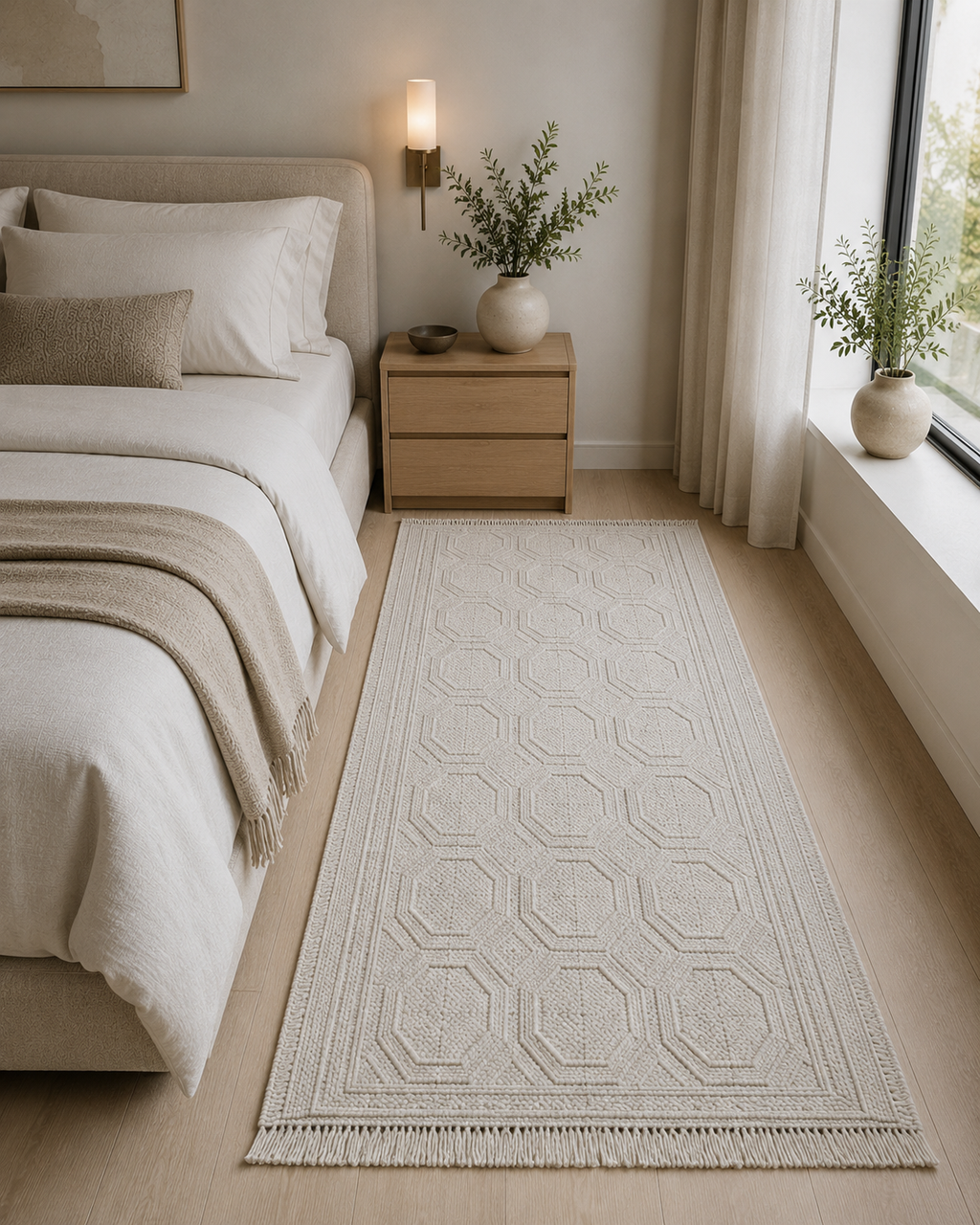 Neatly arranged bedroom with a bed, nightstand, and decorative rug.