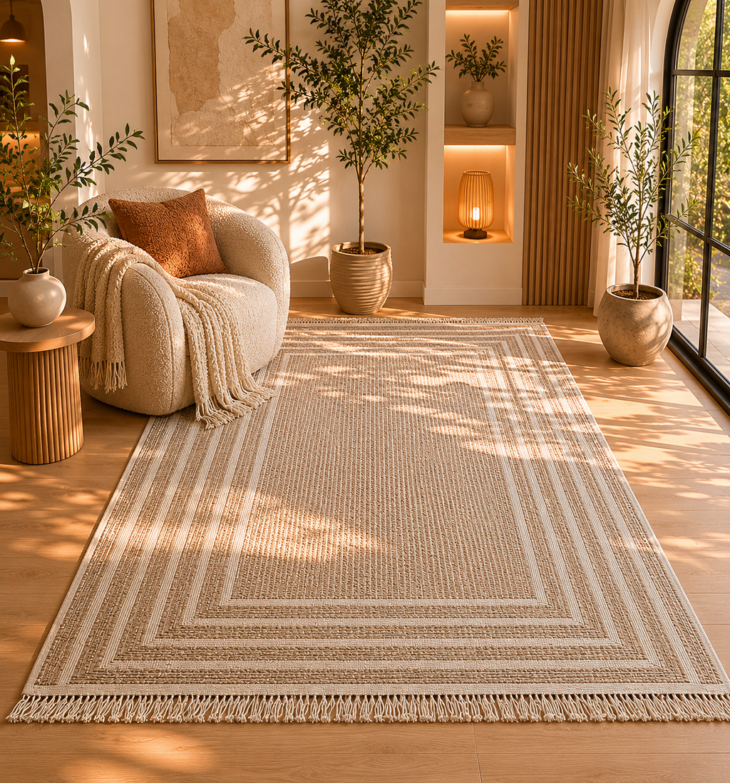 Living room with a large woven rug, beige armchair, and decorative plants.