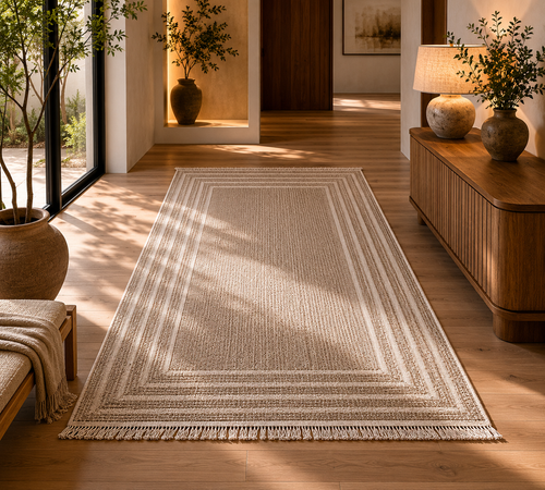 Beige area rug on a wooden floor with a wooden cabinet and plants in a home setting
