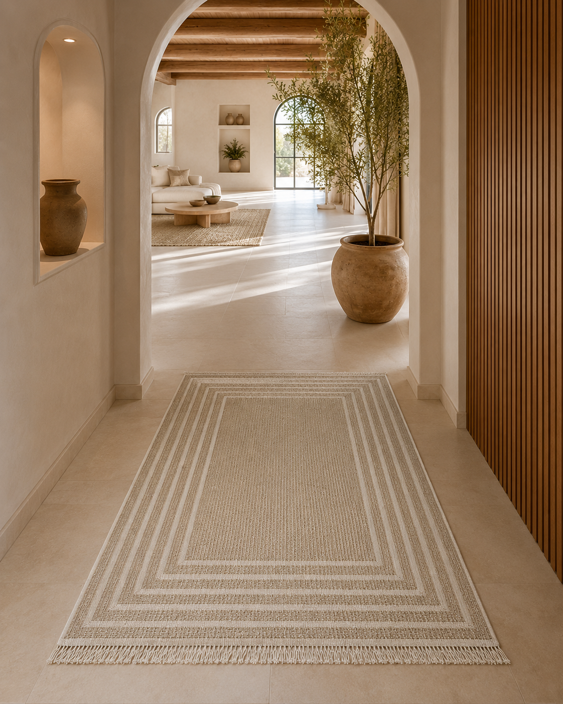 Beige rug with geometric pattern on a light-colored floor, leading to a living room.