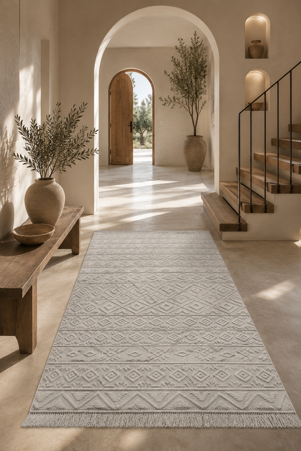 Decorative rug with geometric pattern in a home setting with plants and furniture.