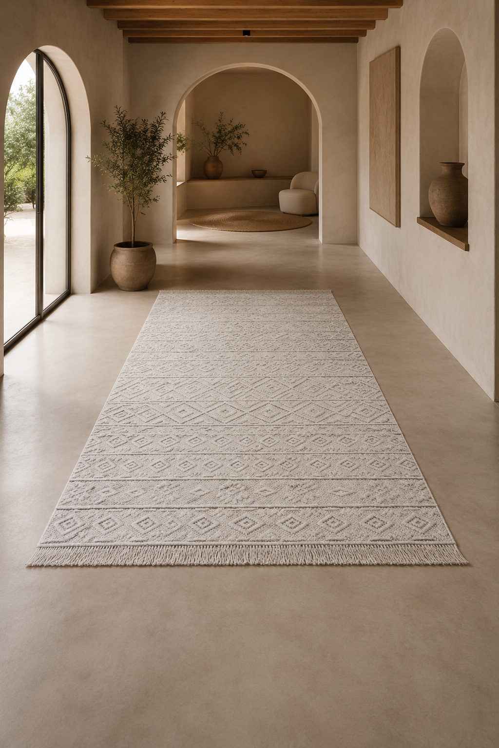 Beige rug with diamond pattern on a beige floor in a modern interior setting.