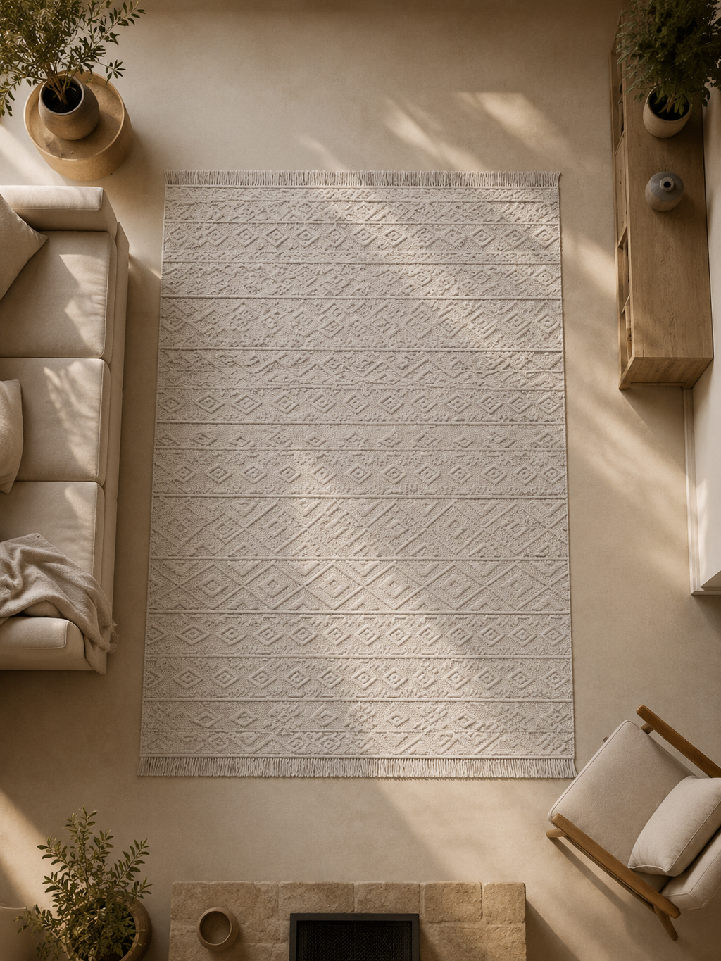 Patterned rug in a living room with beige walls and furniture.