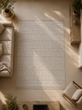 Patterned rug in a living room with beige walls and furniture.