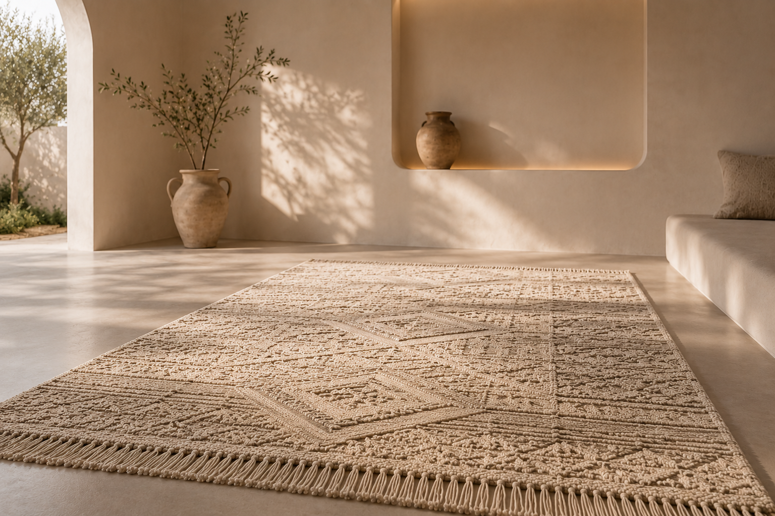 Beige textured rug on a light wooden floor with decorative vases and plants.