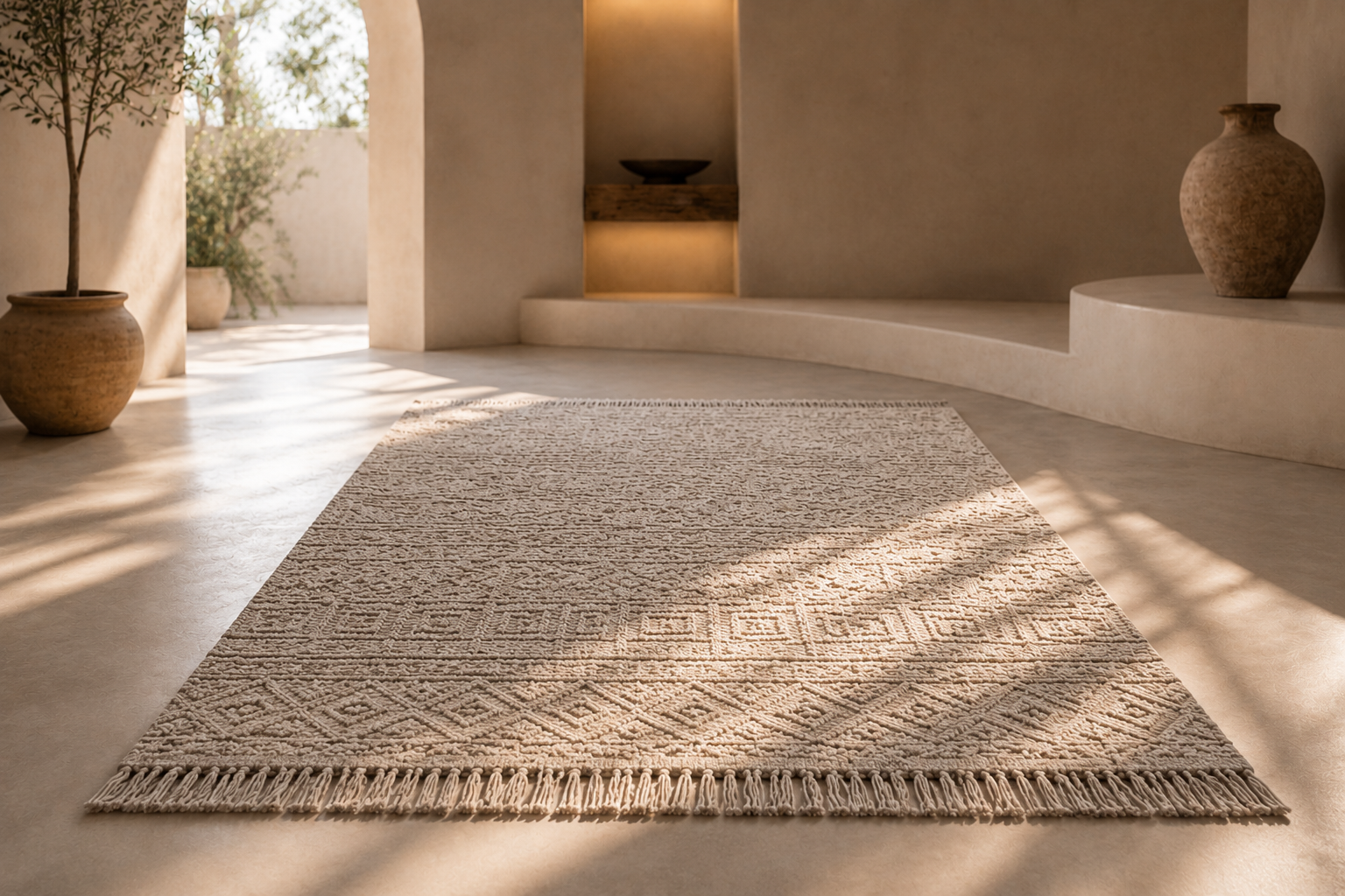 Textured area rug on a light wooden floor with decorative vases and plants.