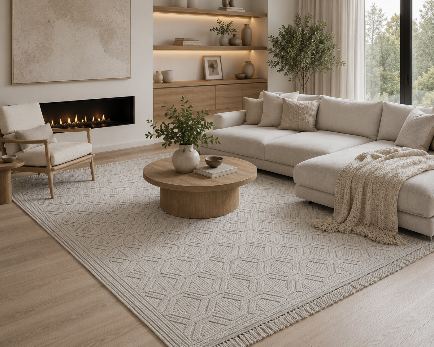 Modern living room with beige sectional sofa, wooden coffee table, and fireplace.