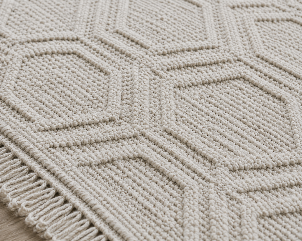 Close-up of a textured beige rug with geometric pattern