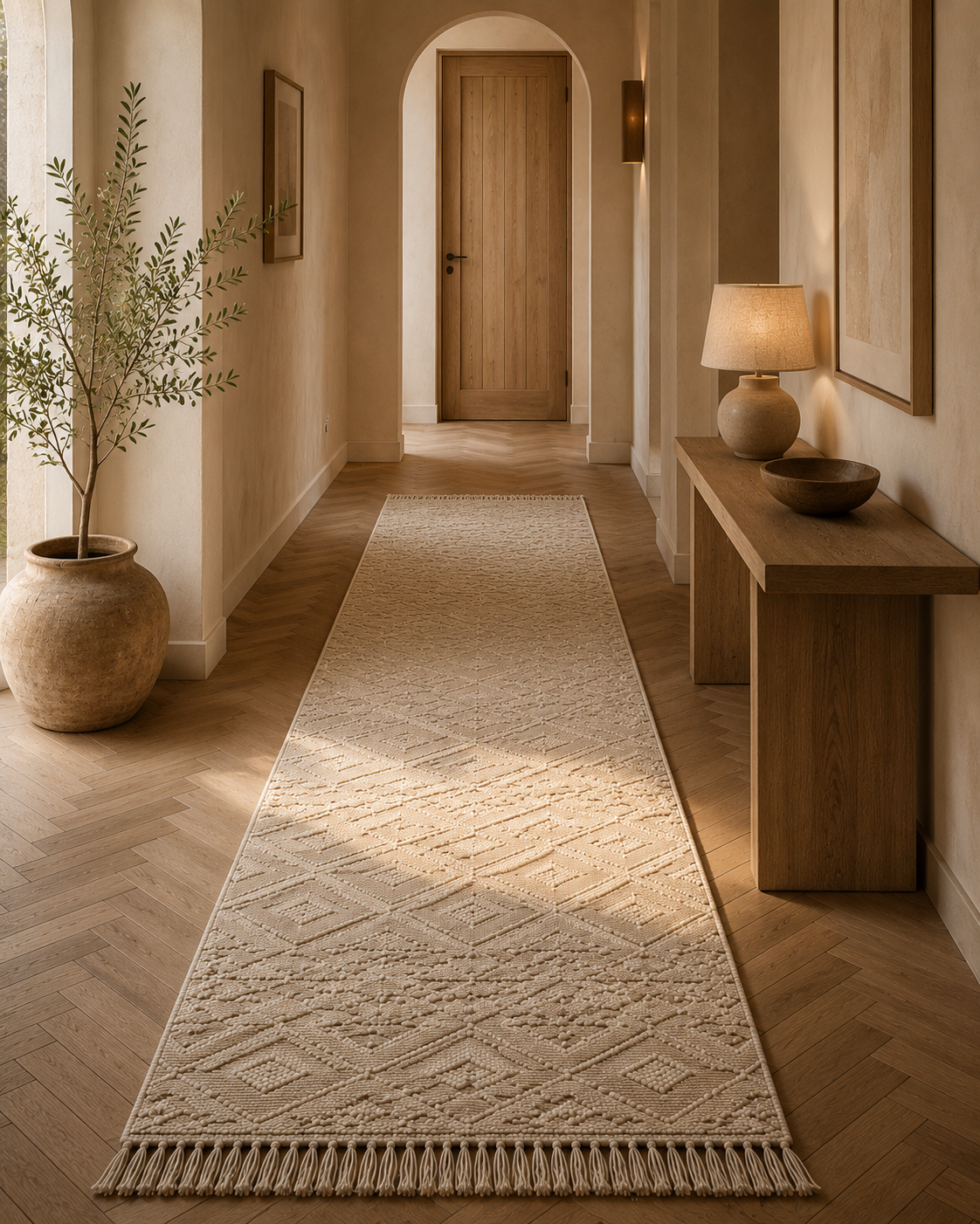  hallway with a textured rug, wooden bench, and potted plant