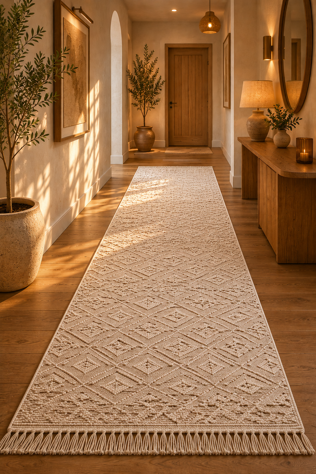 Long beige patterned rug on a wooden floor with decorative elements like plants and a lamp.