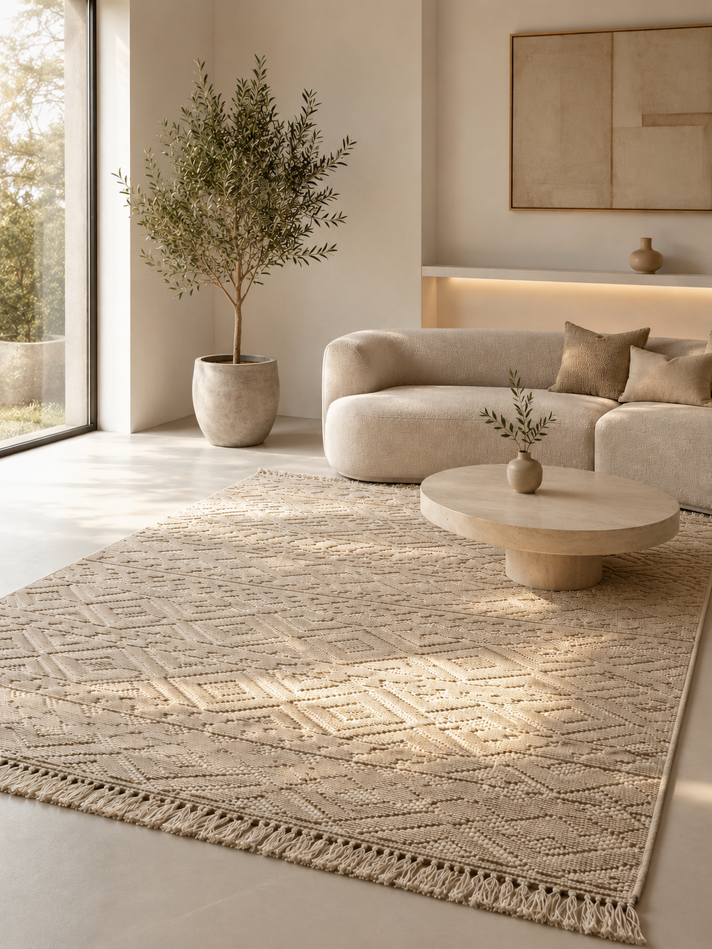 Modern living room with a beige sofa, coffee table, and rug.